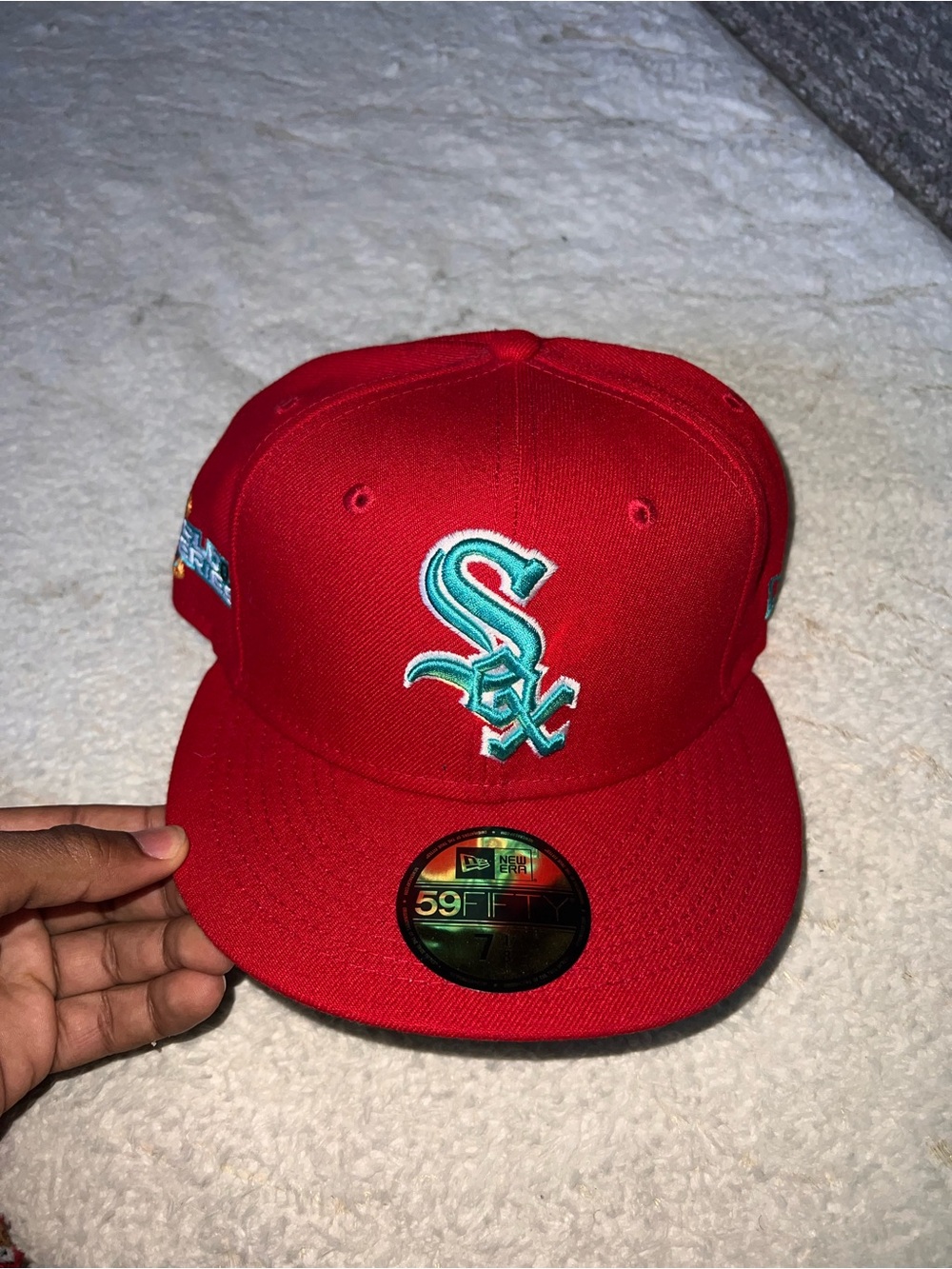 New Era Red Chicago White Sox Fitted Hat with Teal Logo